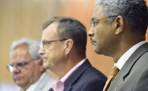 From left, Fayette County commissioners Randy Ognio, Steve Brown and Charles Rousseau. File photo.