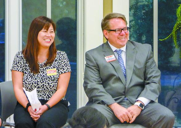 Fayette County Board of Education District 5 candidates Ching Ching Yap (L) and Brian Anderson answer questions at a Sept. 29 forum in Fayetteville. Photo/Ben Nelms.