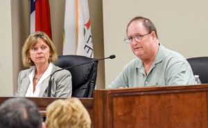 Eric Imker (R) at the City Council dais next to then-council member Kim Learnard, now mayor.