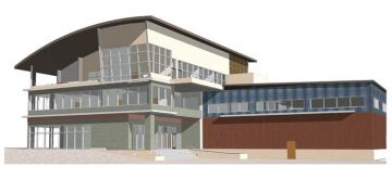 Graphic of planned headquarters building.
