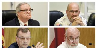 From top left clockwise, Fayette County Human Resources Director Lewis Patterson, 9-1-1 Director Bernard ‘Buster’ Brown, Commission Chairman Eric Maxwell, and Commissioner Steve Brown. Photos/Ben Nelms.