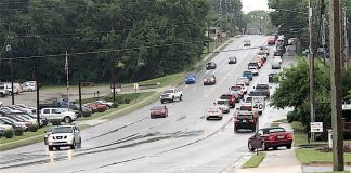 View looking south toward the old courthouse square on Ga. Highway 85 Fayetteville. The median is the center lane with yellow stripes. Photo/Cal Beverly.