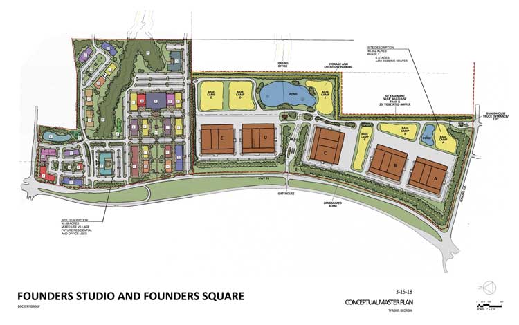 The Founders District studio and mixed-use project along Ga. Highway 74 in Tyrone is currently in the state DRI process. The project is expected to go before the Tyrone Town Council for consideration late summer or fall. Graphic/ Founders District.