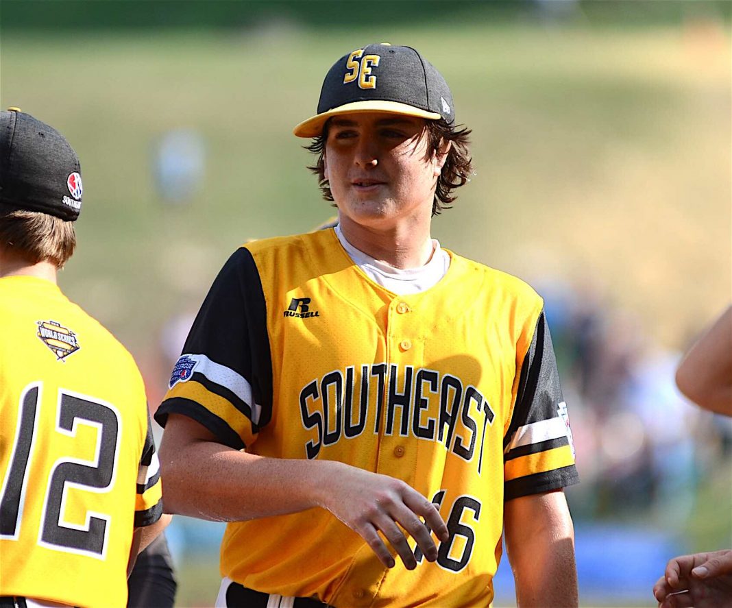 Peachtree City’s Jansen Kenty stands on the field after pitching a complete game to help knock off the Great Lakes 4-3. Photo/Brett R. Crossley.