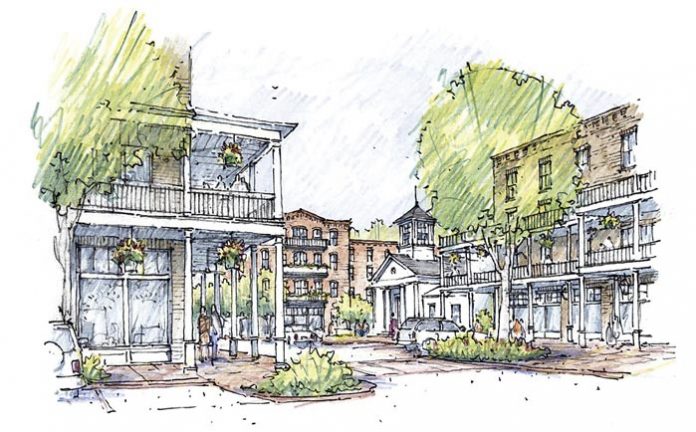 Designer Jim Strickland’s “dream” of a redeveloped Aberdeen Village Center. Graphic/Peachtree City.