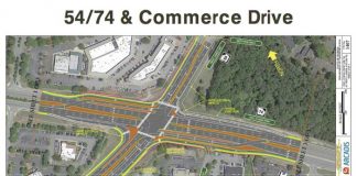 Illustration of displaced left turn at Ga. highways 54-74. Peachtree City graphic.