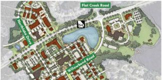 Planning map shows potential new city center from Drake Field and City Hall on the right, to the Willowbend Center at left, to the redeveloped Aberdeen Center at top left. Graphic/Peachtree City.