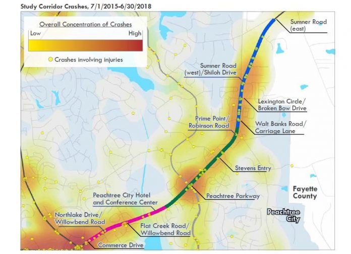 Map shows frequency of automobile collisions along Hwy. 54 eastward from the Hwy. 74 intersection at lower left to the city limit line at top right. Graphic/Peachtree City.