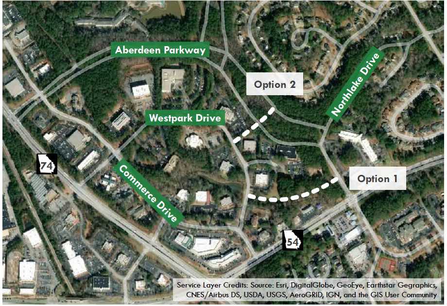 Graphic shows two possible routes for new roads to give access to the Westpark commercial area. Graphic/Peachtree City.