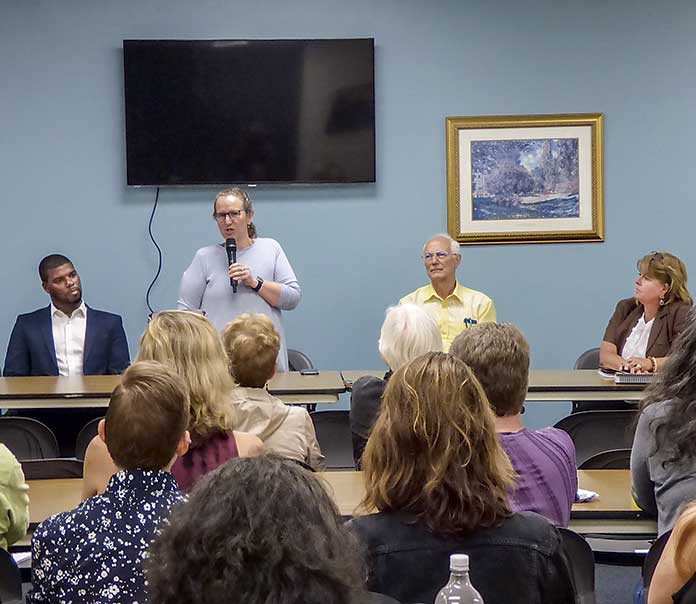 Panelists speaking at the “Women’s Healthcare in the Age of House Bill 481” event on July 17 in Peachtree City included, from left, ACLU of Georgia representative Christopher Bruce, Women’s Medical Center physician Elizabeth Moore, Emory University research professor Roger Rochat and C&S Film Concierge co-founder and former Peachtree City Councilwoman Cyndi Plunkett. Photo/Ben Nelms.