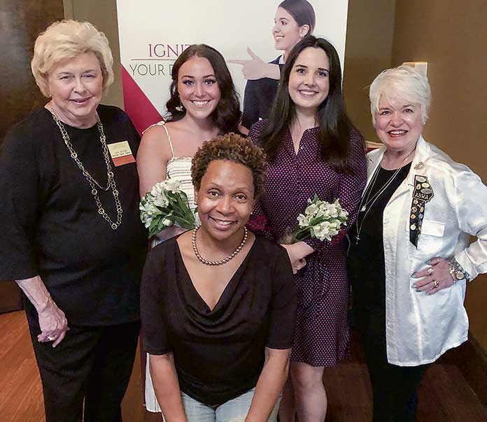 <b>Pictured, from left, are Judy Suiter, charter member of the McIntosh Chapter of the ABWA, Hannah Winslet, Katelyn Davis, and Sharlene Alexander, also a charter member of the McIntosh Chapter. Pam Reid, front, ABWA’s scholarship chair. Photo/Submitted.</b>