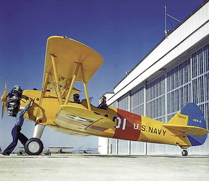 The Stearman (Boeing) PT-17 (Model 75) biplane formerly used by the military as a primary trainer aircraft in the 1930s and 1940s now resides at Peachtree City's Falcon Field. Photo/Submitted.