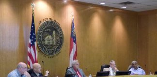 Present at the Sept. 26 meeting of the Fayette County Commission were, from left, commissioners Eric Maxwell and Edge Gibbons, Chairman Randy Ognio and commissioners Chuck Oddo and Charles Rousseau. Photo/Ben Nelms.