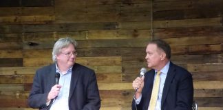 Fayette County Board of Education Chairman Scott Hollowell, at left, and board member Barry Marchman fielded questions Sept. 10 at a meeting with parents. Photo/Ben Nelms.