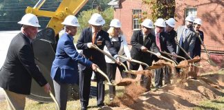 Fayetteville city officials and project and design representatives threw the first shovels of dirt at the Oct. 1 groundbreaking for the new 10-acre City Hall and City Center Park project located on Stonewall Avenue near downtown. (L-R) Rob Ragan with New South Construction, Eric Johnson with Comprehensive Program Services, City Council members Paul Oddo and Kathaleen Brewer, Mayor Ed Johnson, Council Member Scott Stacy, Mayor Pro-Tem Rich Hoffman, City Manager Ray Gibson, and Amy Bell with Goodwyn, Mills and Cawood. Photo/City of Fayetteville.