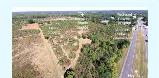 Aerial view of 123 acre site known as the Lester property. This drone view looks northeast across the open pasture part of the site. Photo/Fayette County Development Authority.