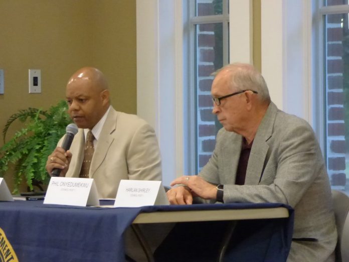 Candidates participating in the Oct. 7 forum for the Post 1 seat on the Fayetteville City Council included, from left, challenger Darryl Langford and incumbent Harlan Shirley. Photo/Ben Nelms.