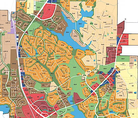 <b>Peachtree City official 2019 zoning map, north part of city shown.</b>