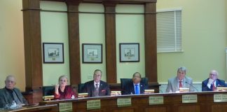 Members of the Fayetteville City Council at the Dec. 5 meeting included, from left, council members Harlan Shirley, Kathaleen Brewer and Paul Oddo, Mayor Ed Johnson and council members Rich Hoffman and Scott Stacy. Photo/Ben Nelms.