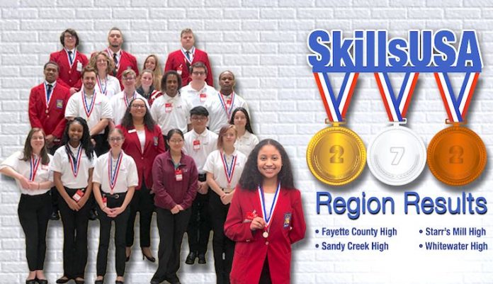 Hannah Ramirez of Starr’s Mill High displays her silver medal she won at the SkillsUSA Region 5 Competition. She is one of nine students advancing to the state competition in March. Also in graphic: Sandy Creek High SkillsUSA winners show off their medals. Graphic/Fayette County School System.