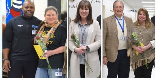 In composite photo above are (L-R) Bennett’s Mill Middle School principal Dr. Marcus Broadhead and Bennett’s Mill Middle School drama teacher Laurie Givden-Kufchak; (center) Flat Rock Middle School ESOL teacher Christina Rufenchact; and Superintendent Dr. Joseph Barrow with Fayette County High math teacher Jennifer D’Amato. Photos/Fayette County School System.