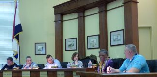 Members of the Fayetteville Planning and Zoning Commission at the Feb. 25 meeting included, from left, commissioners Ken Collins, Toby Spencer and Brett Nolan, Chairman Sarah Murphy and commissioners Debi Renfroe and David Hilderbrandt. Photo/Ben Nelms.