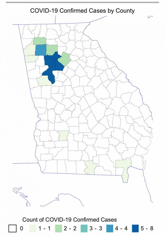 Map of confirmed covid-19 cases in Georgia as of early morning March 13.