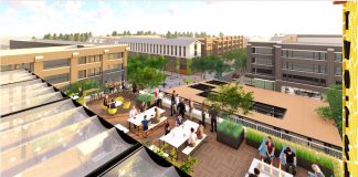 New renderings show the rooftop bar and restaurant at the Two-Ten office and retail building at Pinewood Forest expected to open later this year. Rendering/Submitted.