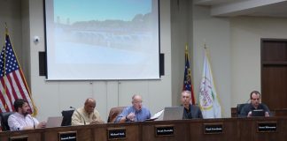 Members of the Peachtree City Planning Commission at the March 9 meeting included, from left, commissioners Kenneth Hamner and Michael Link, Chairman Frank Destadio and commissioners Paul Gresham and Scott Ritenour. Photo/Ben Nelms.