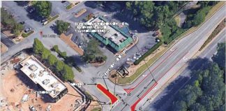 A DOT graphic shows the proposed R-cut turn at the intersection of Dan Lakly Drive and Ga. Highway 54. The photo shows McDonald’s at top center and the remodeled Chick-filA at left before its parking lot was paved. Graphic/DOT via City of Peachtree City.