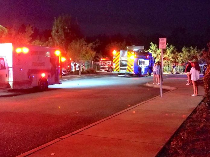 Emergency vehicles are watched by spectators in front of the NCG Theater just west of Peachtree City. The car went through a fence into a stormwater retention pond. Photo/Deb Drake.