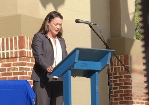 Fayette District Attorney Marie Broder speaks to about 100 attendees about the issues of police actions and minorities. Photo/Cal Beverly.