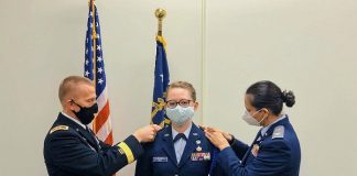 Maj. Gen. Thomas Carden, Adjutant General Georgia Department of Defense, left, CAP Cadet Col. Hannah Neal, center, and CAP Col. Andrea Van Buren, Southeast Region Commander, at the ceremony where Neal was the recipient of the Spaatz Award. Photo/ CAP Maj. Angela Bartow-Best.