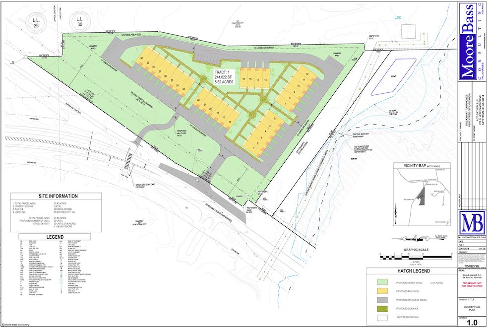 <b>With the land off Rockaway Road already rezoned, the developer is seeking approval for the design of 30 townhomes in five buildings near Meade Field athletic complex. Graphic/Peachtree City Planning Commission.</b>