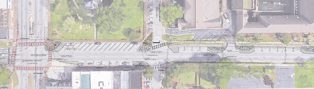 <b>The new look of the area on Stonewall Avenue on the south side of the old courthouse in downtown Fayetteville will include new or enlarged islands to enhance pedestrian safety and additional parking spaces. Graphic/City of Fayetteville.</b>