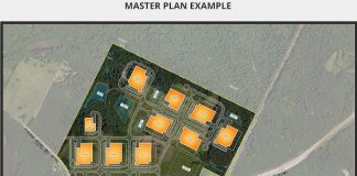 A discussion on the upcoming conceptual site plan, including a potential building layout, for the Southeast Data Center project at Ga. Highway 54 and Veterans Parkway in Fayetteville was held Oct. 27 by the Fayetteville Planning and Zoning Commission. Graphic/Oceanic Data Centers.