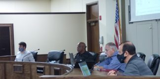 Members of the Peachtree City Planning Commission at the Oct. 12 meeting included, from left, commissioners Kenneth Hamner and Michael Link, Chairman Frank Destadio and Commissioner Scott Ritenour. Photo/Ben Nelms.