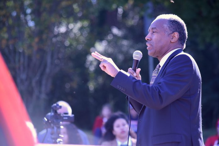 U.S. HUD Secretary Dr. Ben Carson speaks to President Trump supporters Saturday in Fayetteville. Photo/Cal Beverly.