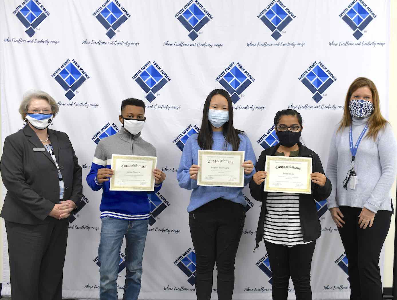 <b> (L-R) Rising Starr principal Kathy Smith, James Ellison, Jr., Yen Chen (Nina) Huang, Ansiba Bakaly, and Rising Starr counselor Terese Crittenden.</b>