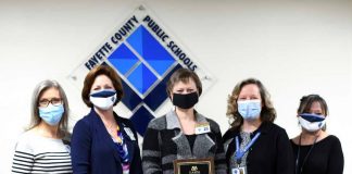 Benefits staff of the human resources department proudly display the Best in Class platinum award the department received for the school system’s flexible benefits program, TOTAL Rewards. (L-R) Ronda English, Renee Hammer, Melanie Griffin, Erin Roberson, and Marie Eargle. Photo/Submitted.