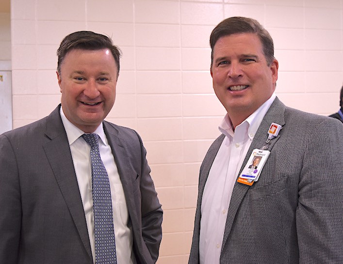 <b>On site for the mass Covid vaccination event were Fayette County School Superintendent Dr. Jonathan Patterson (L) and Piedmont Fayette Hospital CEO Steve Porter, who both took off their masks for less than a minute to allow a photograph. Photo/Cal Beverly.</b>