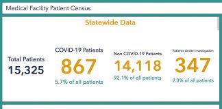 A chart that at pandemic peak showed more than 33% of all people hospitalized in Georgia were being treated for Covid-19 infections has now recorded fewer than 6% of all patients as having the coronavirus in the middle of May 2021. Chart from data provided by the Georgia Department of Public Health.