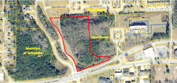 <b>8-acre rezoning site is outlined in red. It lies directly across from the one-way splits of Ga. Highway 54, just east of Grady Avenue. Graphic/City of Fayetteville.</b>