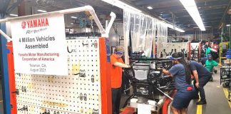 Assemblers put the finishing touches on the 4 millionth vehicle to come off the line at the Yamaha plant in Newnan. Photo/Submitted.