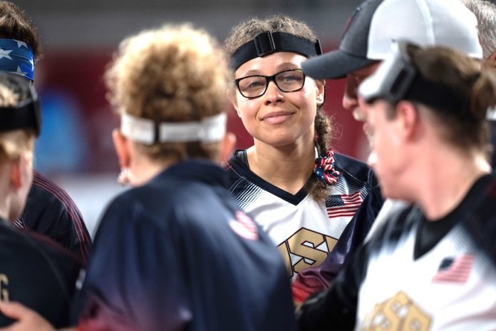 Peachtree City native Amanda Dennis (center) receives plaudits from team members following the silver medal finish. Photo/USA Women's Goalball.