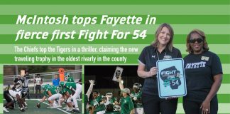 In the graphic above, at left, the Tigers (black helmets) lined up against the Chiefs in the annual renewal of the county’s oldest sports rivalry. At center, McIntosh head football coach Lee Belknap and the Chiefs celebrate their thrilling 34-28 win over the Tigers. At right, McIntosh High Principal Maggie Walls and Fayette County High Principal Yolanda Briggs-Johnson unveil the new “Fight For 54” trophy for their schools’ football rivalry game. Photos/Chris Dunn, public information specialist, Fayette County School System.