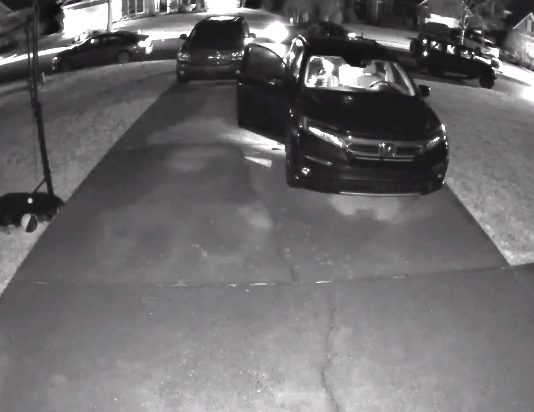 Home surveillance video catches one auto burglar entering unlocked vehicle while others scurry around to get into nearby vehicles in south Peachtree City. Facebook video posted by Peachtree City Police Department.