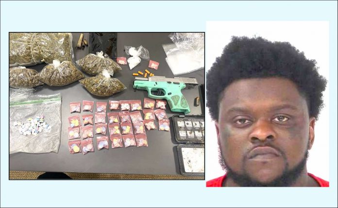 (R) Gerontay D. Adams. Photo/Fayette County Jail. (L) Pictured are the drugs and the weapon seized by Peachtree City Police after arresting Gerontay Adams on April 16. Photo/Peachtree City Police Department.