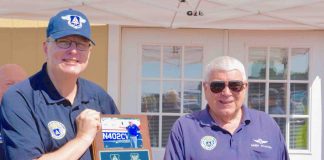 (L) Major James D. King, squadron commander Peachtree City Falcon Field Composite Squadron Civil Air Patrol and (R) Randy Stastny. Photo/Candice Serafin, Major CAP.