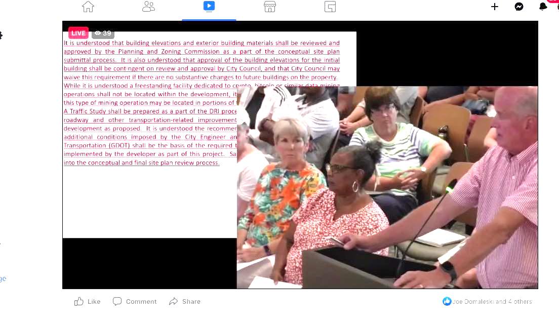 David Rast, Fayetteville Director of Community and Economic Development, (right inset) explains 18 rezoning conditions attached to the approval of the data center site annexation June 30.